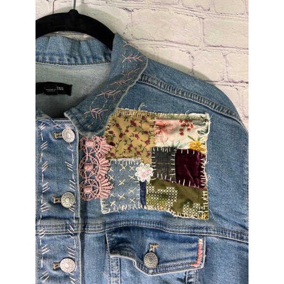 Express Altered Hand Embroidered Upcycled Patched Denim Jacket - Picture 5 of 15
